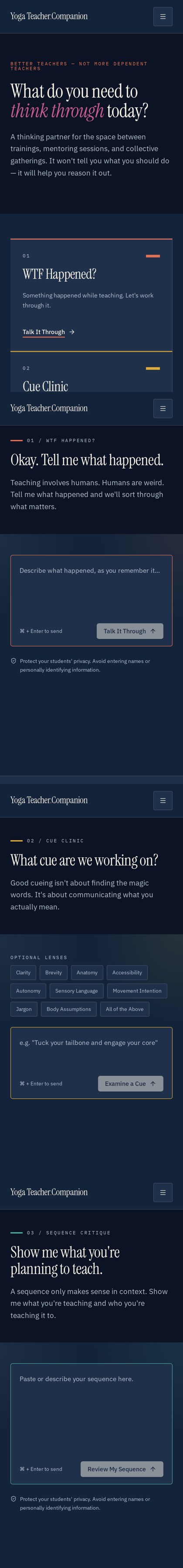 The Yoga Teacher Companion on a phone, scrolling through its home screen and the WTF Happened?, Cue Clinic, and Sequence Critique tools